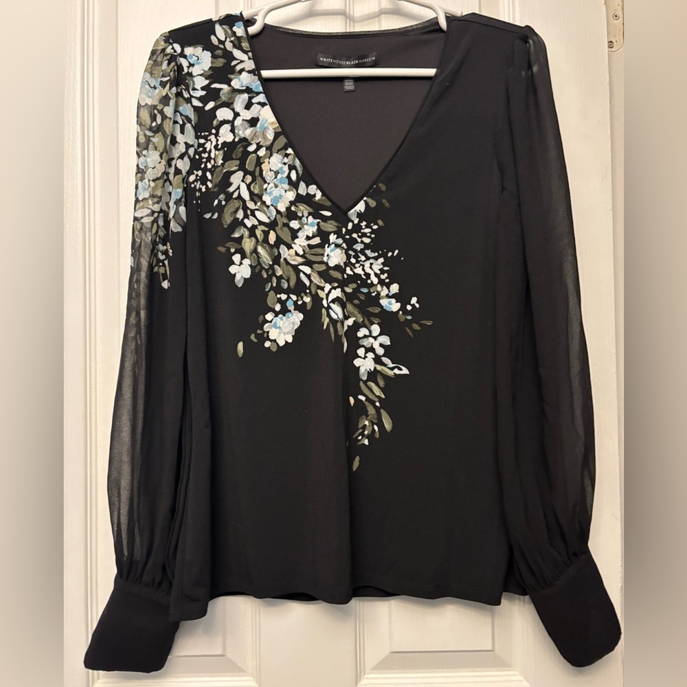 White House Black Market Black Blouse with Floral Design